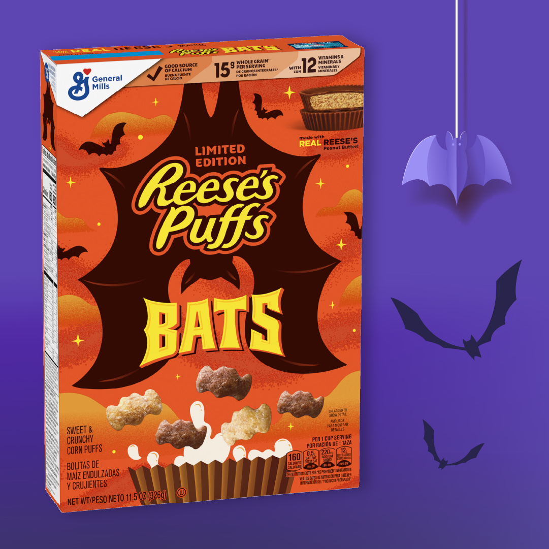 Reese's Puffs Bats Cereal box displayed on a purple background with bat illustrations.